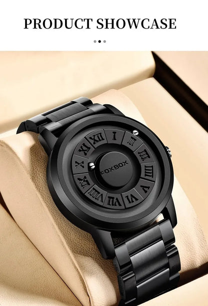 Mens Watches Creative Scrolling Pointer Magnetic Force Quartz Wristwatch